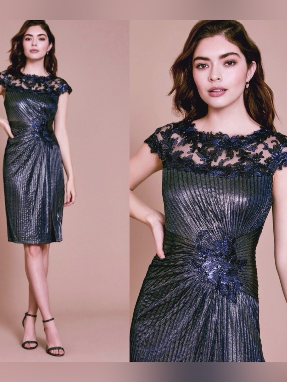 Tadashi Shoji pleated metallic dress with lace